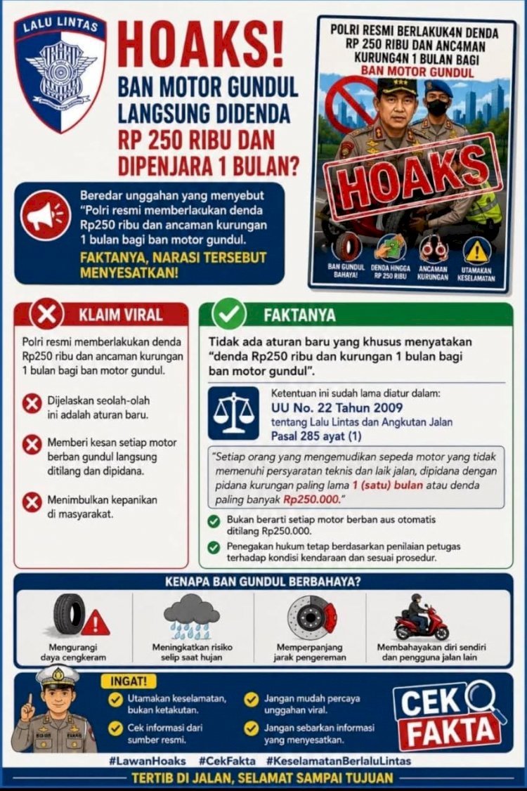 Korlantas Polri Masyarakat Diimbau Tidak Mudah Percaya Hoaks Terkait Polisi Akan Denda Rp250 Ribu untuk Ban Gundul
